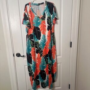 Arolina Tropical Palm Leaf Print V-Neck Maxi Dress XXL Short Sleeve Teal Orange